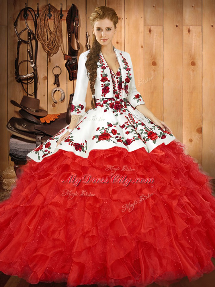 Red Ball Gowns Embroidery and Ruffles Sweet 16 Dress Lace Up Tulle Sleeveless Floor Length