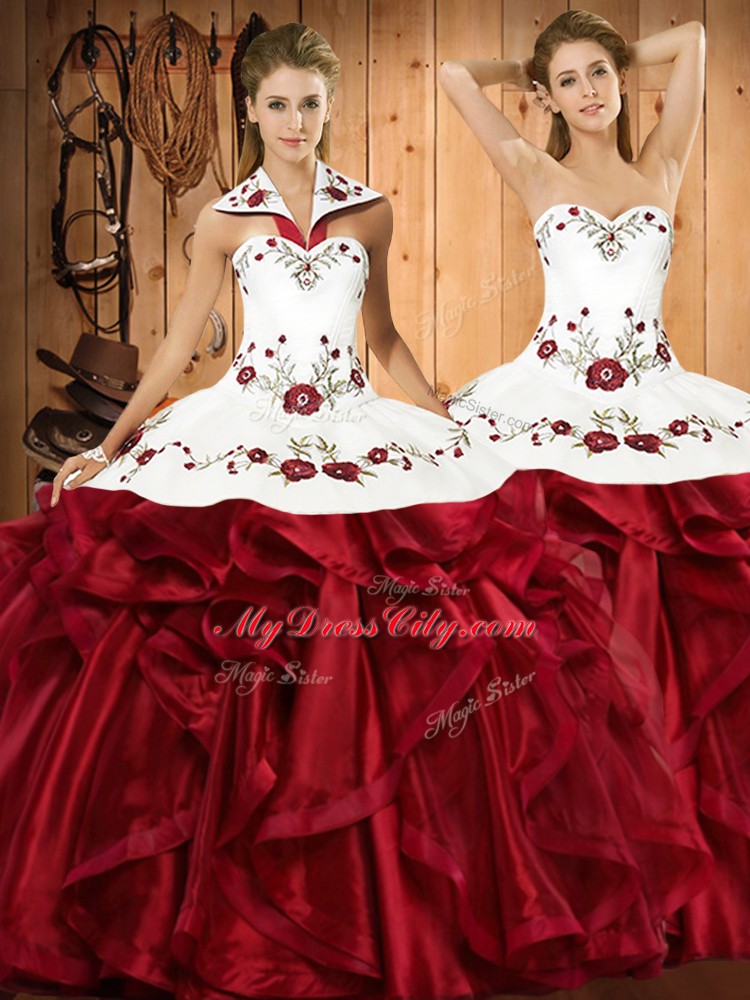 Custom Made Halter Top Sleeveless Organza Sweet 16 Dresses Embroidery and Ruffles Lace Up