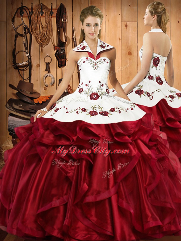 Custom Made Halter Top Sleeveless Organza Sweet 16 Dresses Embroidery and Ruffles Lace Up