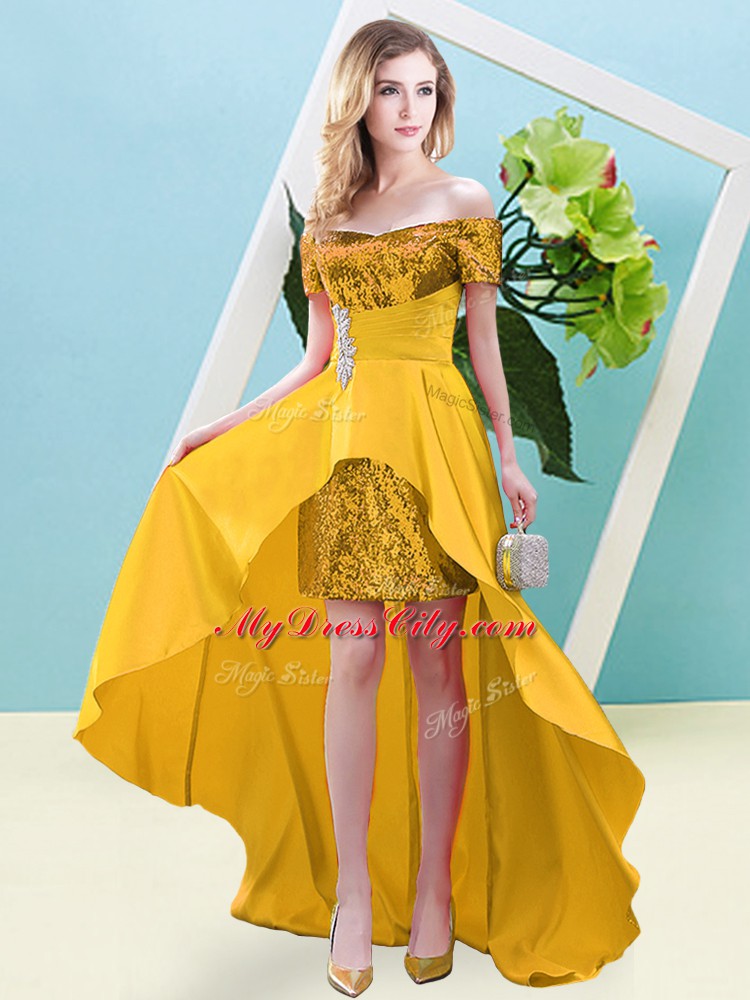 Sexy Gold Off The Shoulder Lace Up Beading Dress for Prom Short Sleeves