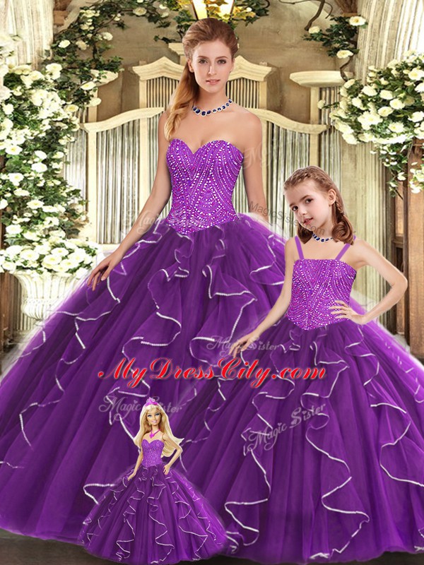 Excellent Purple Sleeveless Beading and Ruffles Floor Length Quinceanera Dress