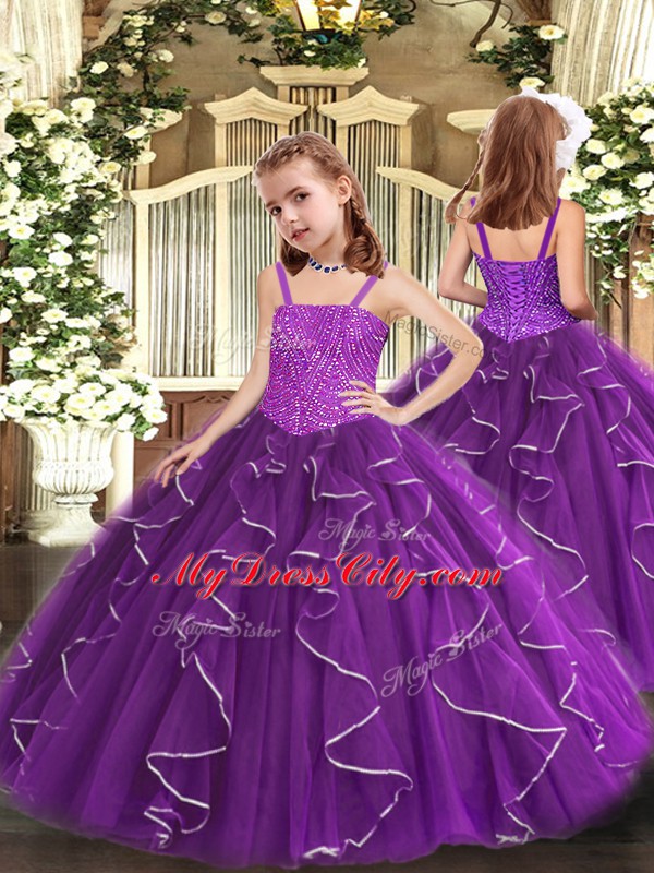 Excellent Purple Sleeveless Beading and Ruffles Floor Length Quinceanera Dress