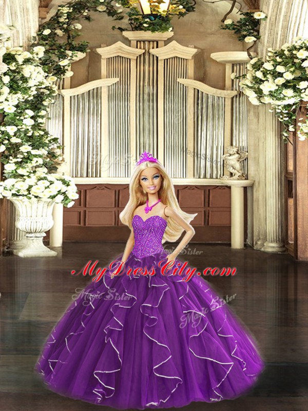 Excellent Purple Sleeveless Beading and Ruffles Floor Length Quinceanera Dress