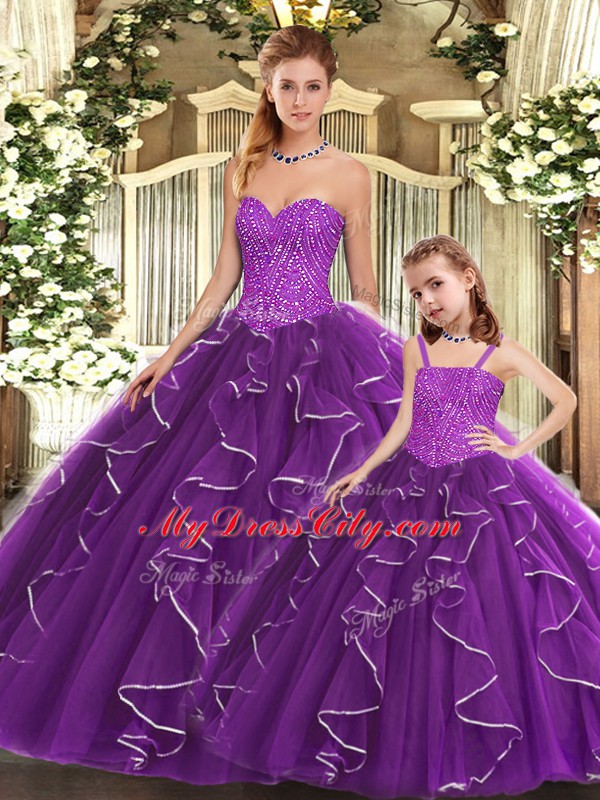 Excellent Purple Sleeveless Beading and Ruffles Floor Length Quinceanera Dress