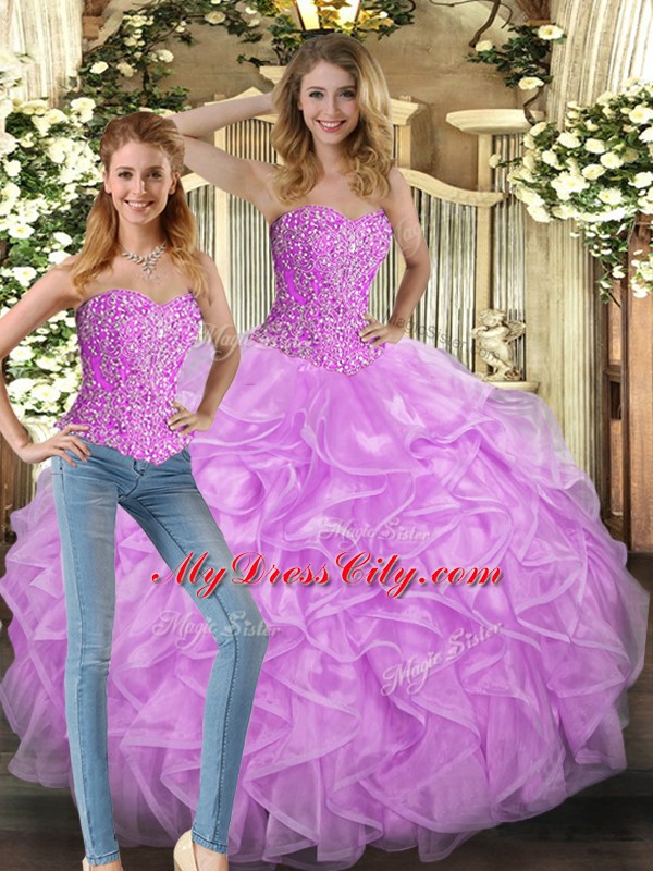 Custom Made Lilac Ball Gowns Beading and Ruffles Vestidos de Quinceanera Lace Up Tulle Sleeveless Floor Length