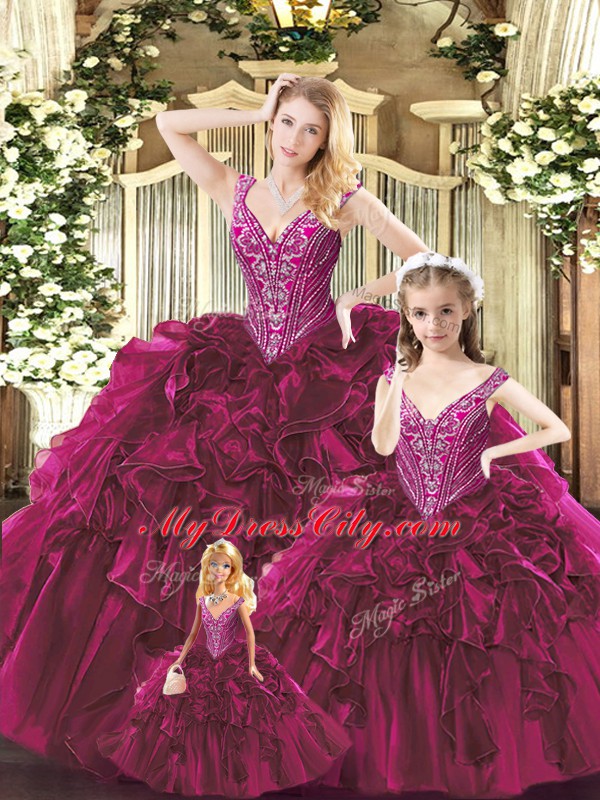 Luxury Floor Length Fuchsia 15th Birthday Dress Organza Sleeveless Beading and Ruffles