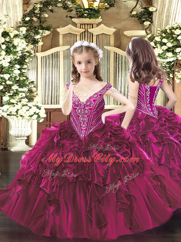 Luxury Floor Length Fuchsia 15th Birthday Dress Organza Sleeveless Beading and Ruffles