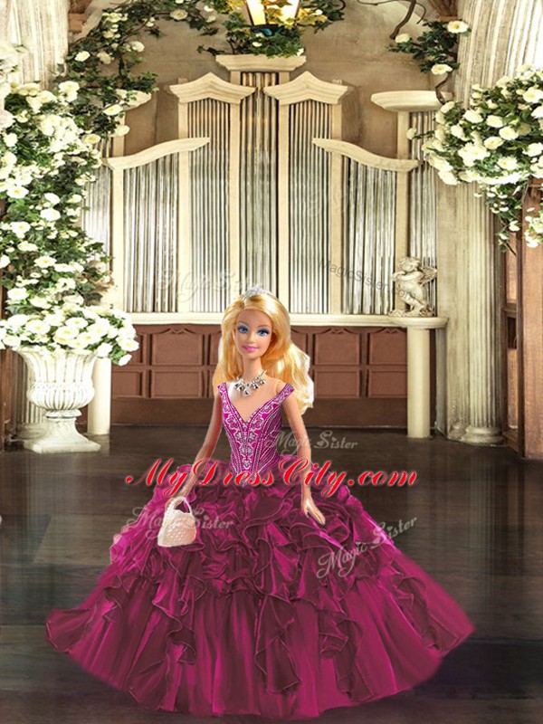 Luxury Floor Length Fuchsia 15th Birthday Dress Organza Sleeveless Beading and Ruffles