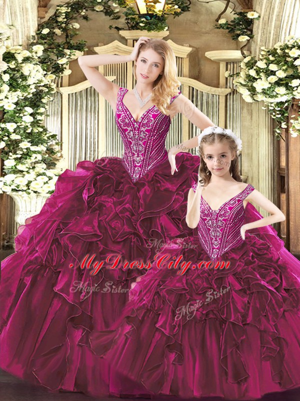 Luxury Floor Length Fuchsia 15th Birthday Dress Organza Sleeveless Beading and Ruffles