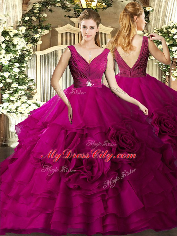 Dynamic Floor Length Backless Sweet 16 Dresses Fuchsia for Military Ball and Sweet 16 and Quinceanera with Beading and Ruffles