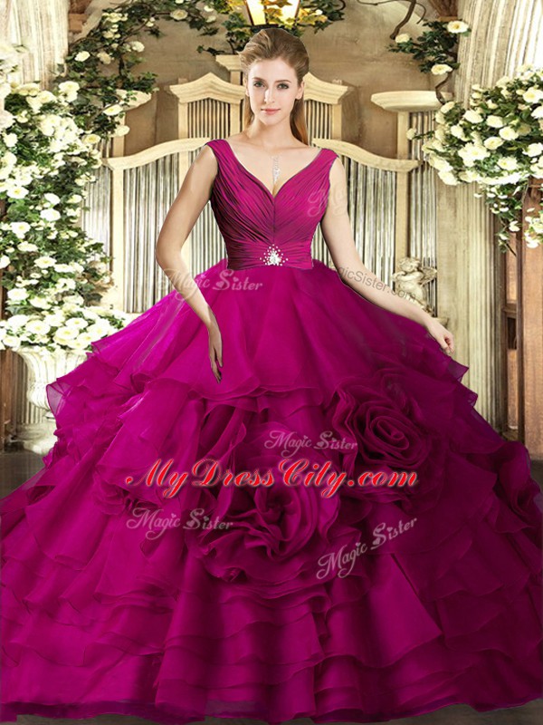 Dynamic Floor Length Backless Sweet 16 Dresses Fuchsia for Military Ball and Sweet 16 and Quinceanera with Beading and Ruffles