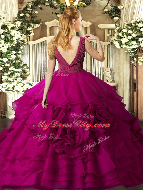 Dynamic Floor Length Backless Sweet 16 Dresses Fuchsia for Military Ball and Sweet 16 and Quinceanera with Beading and Ruffles