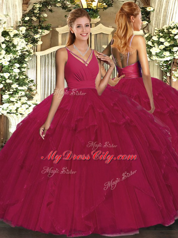 Super Beading and Ruffles Sweet 16 Dress Fuchsia Backless Sleeveless Floor Length