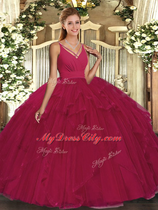 Super Beading and Ruffles Sweet 16 Dress Fuchsia Backless Sleeveless Floor Length