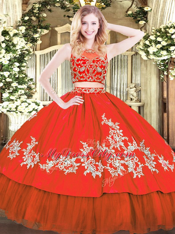 Red Tulle Zipper Scoop Sleeveless Floor Length Quinceanera Dress Beading and Appliques