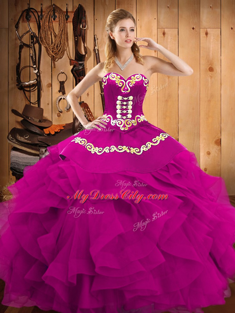 Best Sleeveless Floor Length Embroidery and Ruffles Lace Up Sweet 16 Dresses with Fuchsia