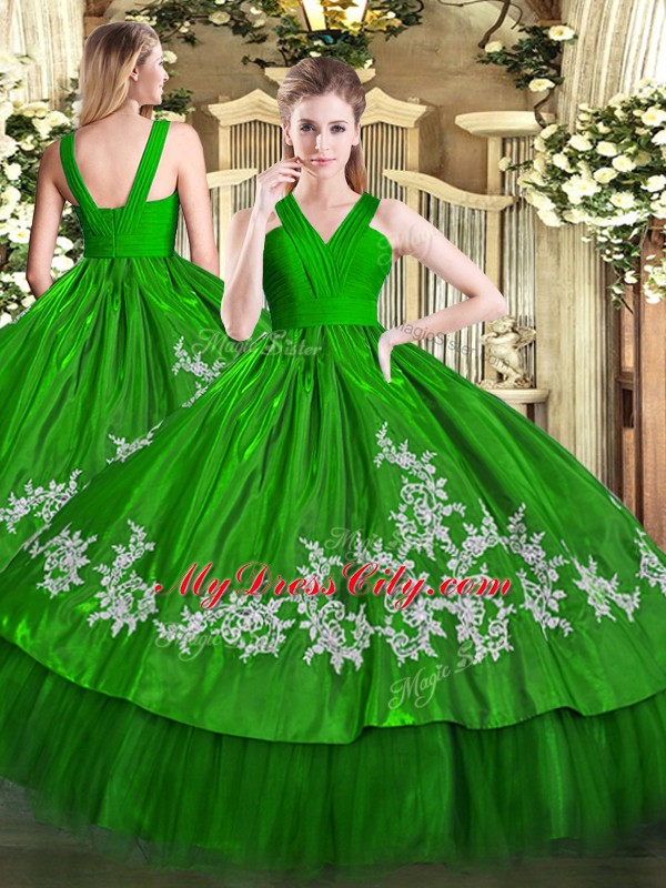 Green Zipper Quinceanera Dresses Embroidery Sleeveless Floor Length