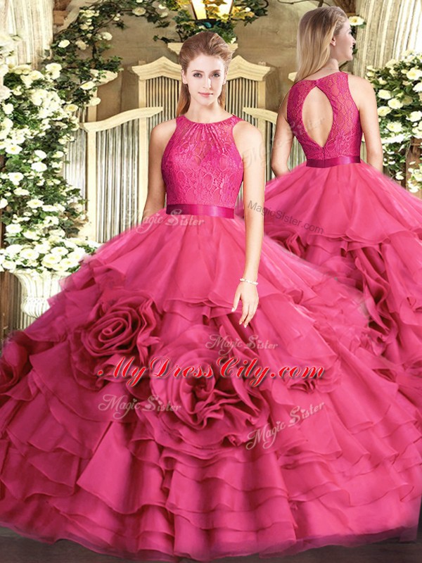 Elegant Floor Length Hot Pink Vestidos de Quinceanera Scoop Sleeveless Zipper