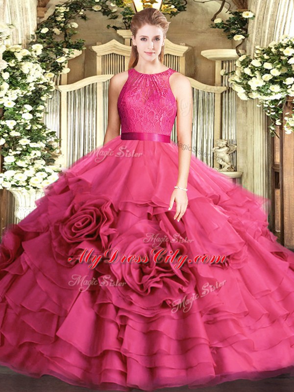 Elegant Floor Length Hot Pink Vestidos de Quinceanera Scoop Sleeveless Zipper