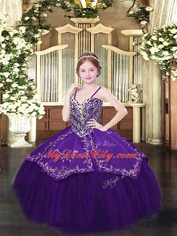 Excellent Spaghetti Straps Sleeveless Lace Up Little Girl Pageant Dress Dark Purple Satin and Organza