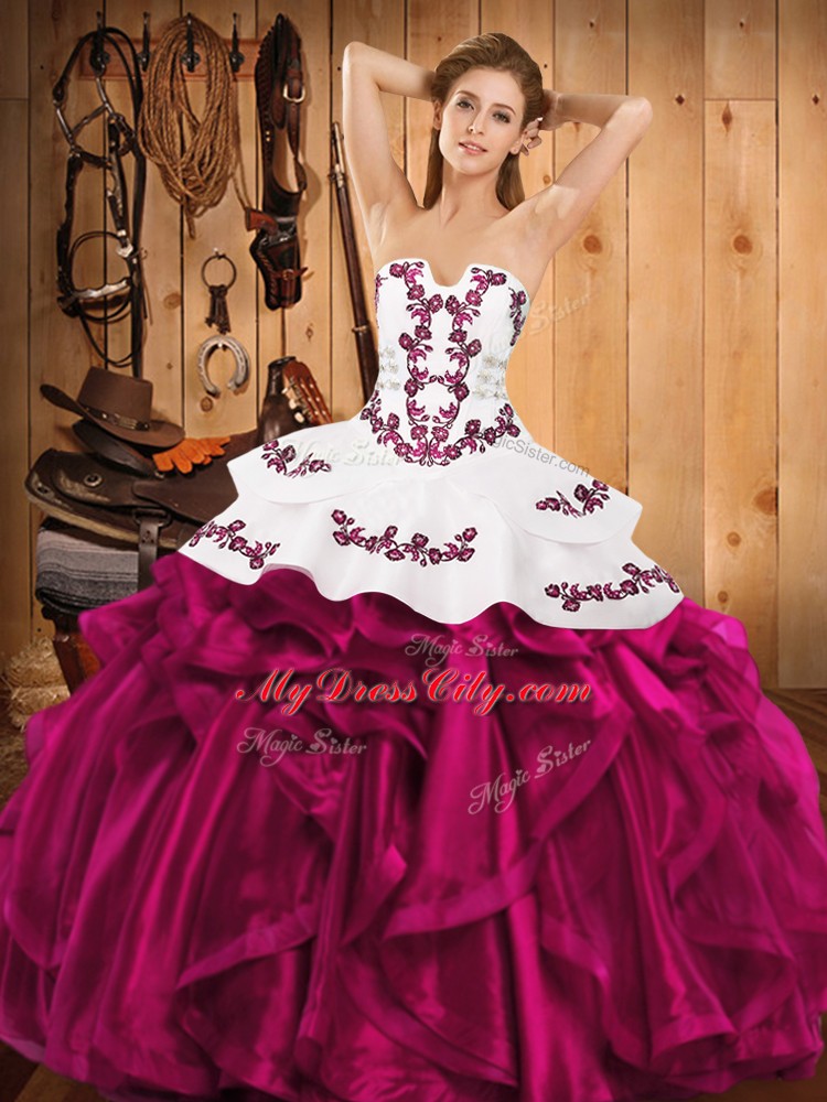 Customized Sleeveless Embroidery and Ruffles Lace Up Quince Ball Gowns