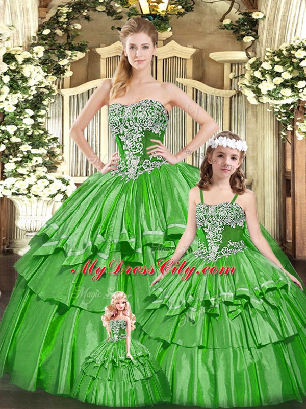 Captivating Green Organza Lace Up Sweet 16 Dresses Sleeveless Floor Length Beading and Ruffled Layers