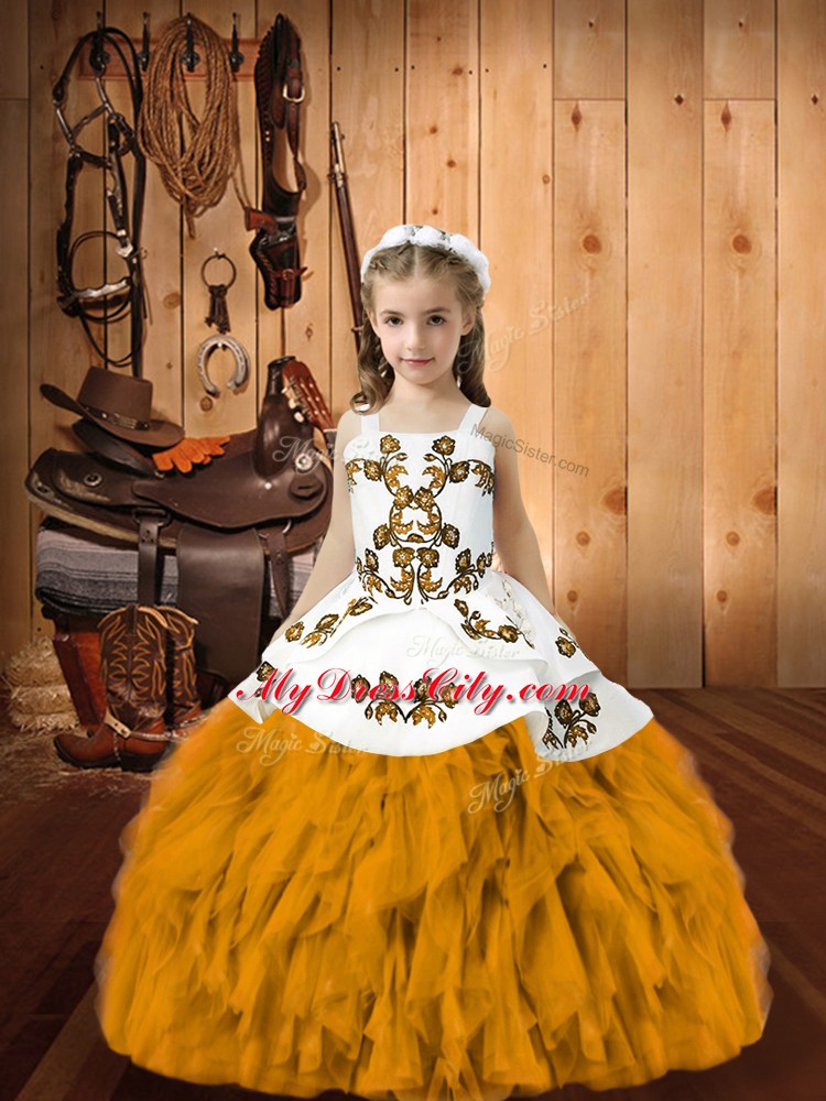 Sleeveless Lace Up Floor Length Embroidery and Ruffles Pageant Gowns For Girls