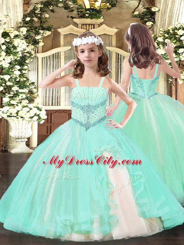 Cheap Straps Sleeveless Little Girl Pageant Gowns Floor Length Beading Apple Green Tulle