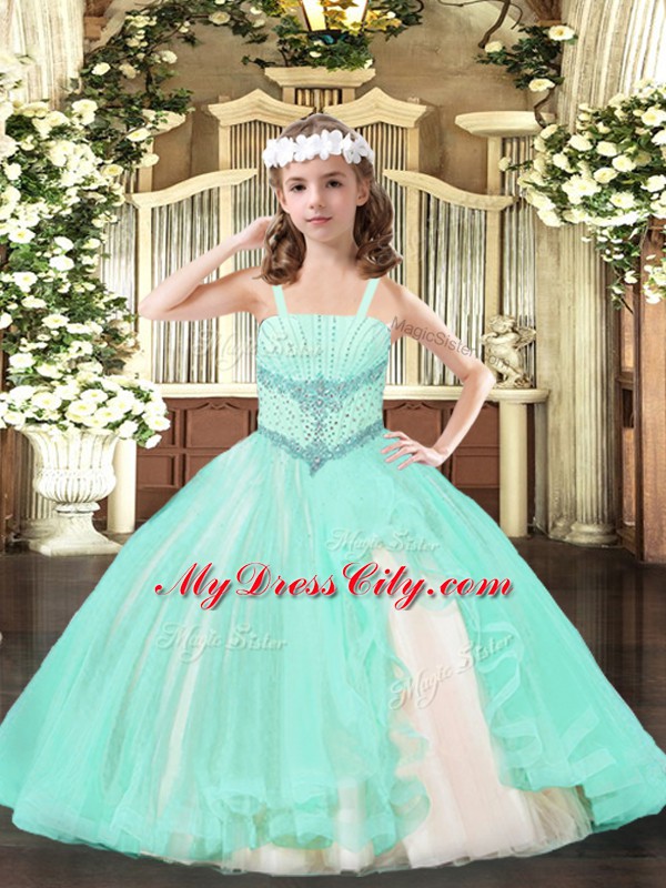 Cheap Straps Sleeveless Little Girl Pageant Gowns Floor Length Beading Apple Green Tulle