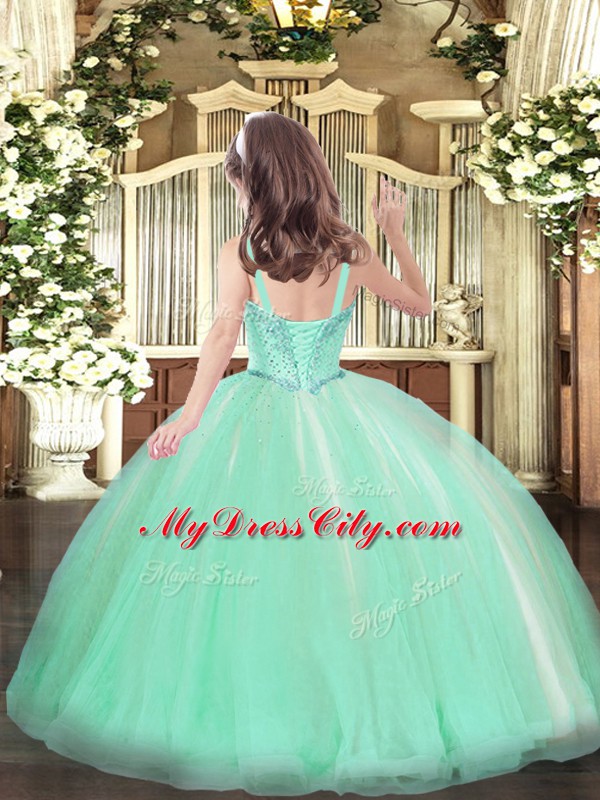 Cheap Straps Sleeveless Little Girl Pageant Gowns Floor Length Beading Apple Green Tulle