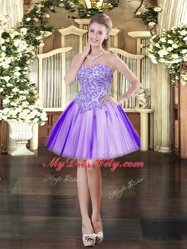 Excellent Lavender Lace Up Sweetheart Appliques Dress for Prom Tulle Sleeveless