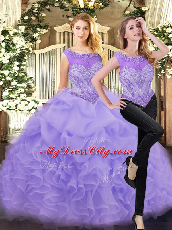 Fitting Scoop Sleeveless Organza Quinceanera Dress Beading and Ruffles Zipper