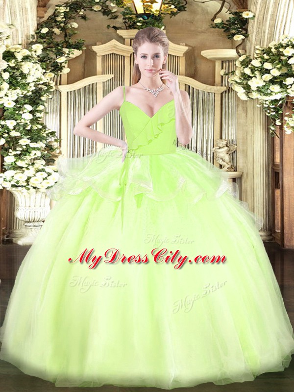 Attractive Yellow Green Sleeveless Ruffles Floor Length Quince Ball Gowns