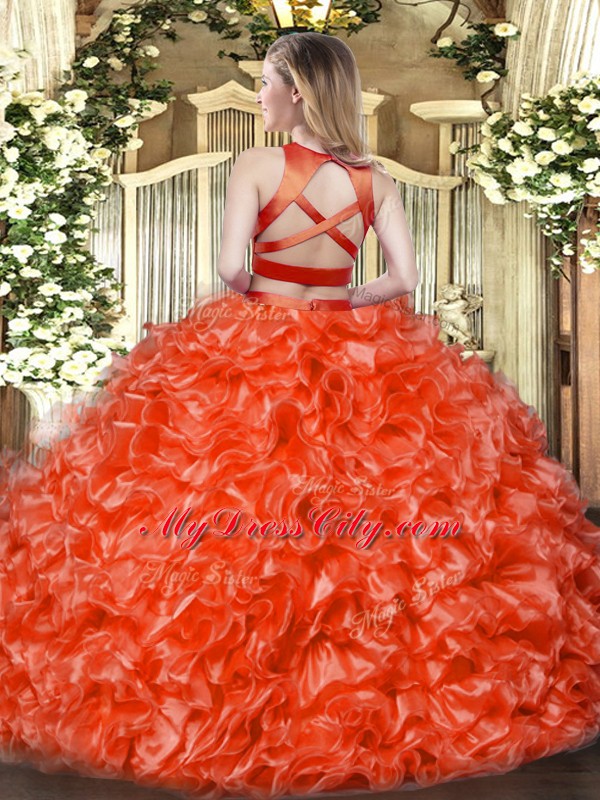 Red Criss Cross Quinceanera Dress Ruffles Sleeveless Floor Length