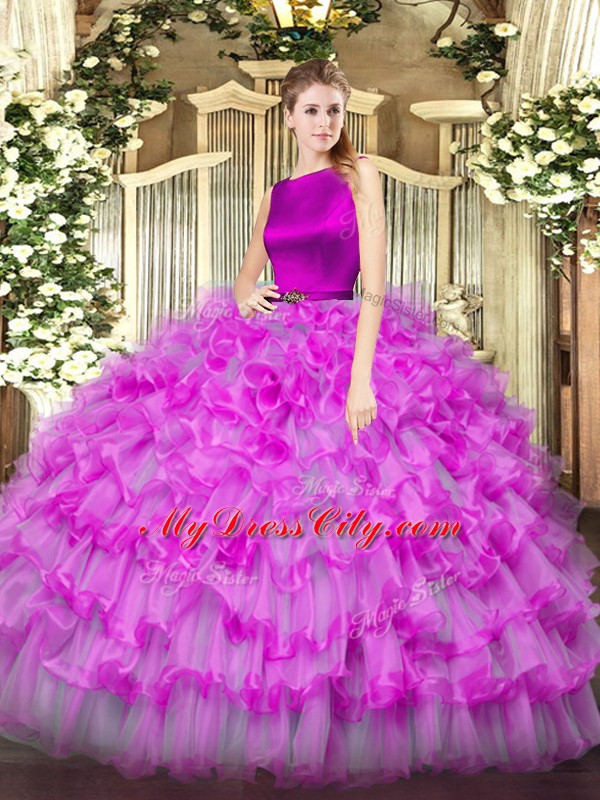 Fashion Fuchsia Clasp Handle Scoop Ruffled Layers 15 Quinceanera Dress Organza Sleeveless