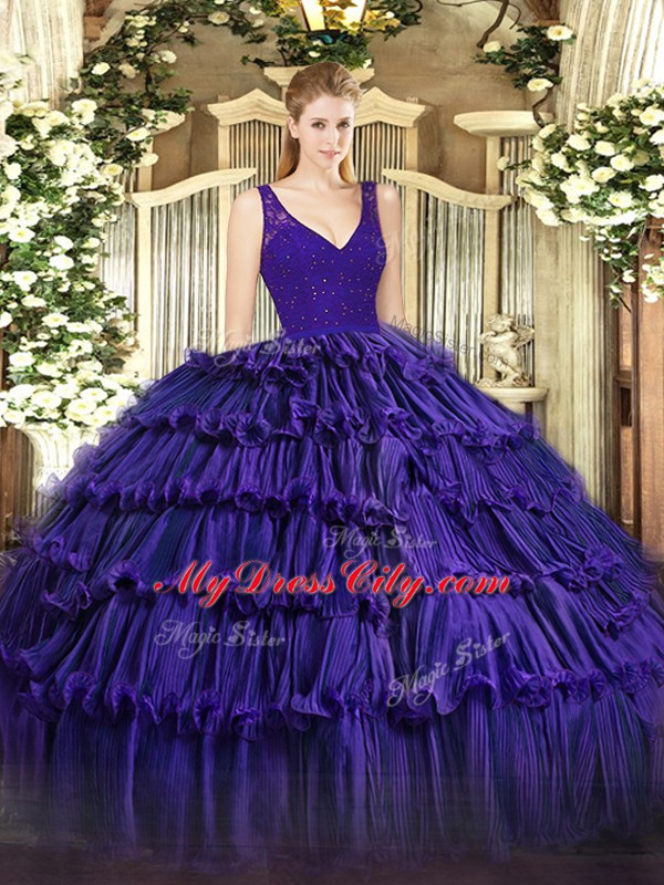 Floor Length Backless Quinceanera Dress Purple for Military Ball and Sweet 16 and Quinceanera with Beading and Lace and Ruffled Layers