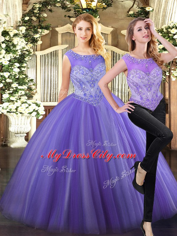 Lavender Sleeveless Floor Length Beading Zipper Quinceanera Gown