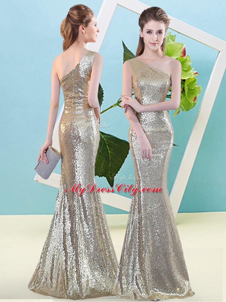 Discount Champagne Homecoming Dress Prom and Party with Sequins One Shoulder Sleeveless Zipper