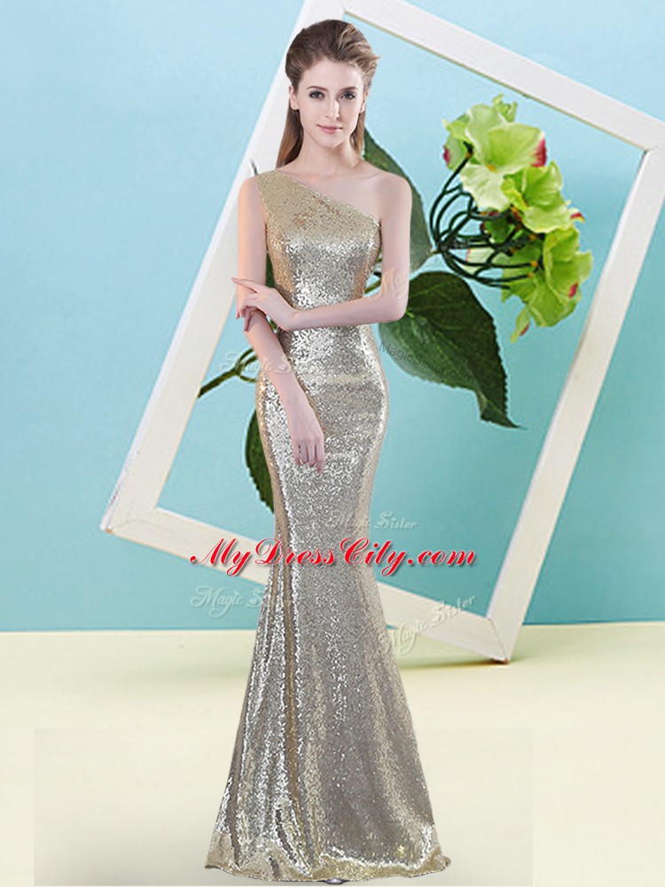 Discount Champagne Homecoming Dress Prom and Party with Sequins One Shoulder Sleeveless Zipper