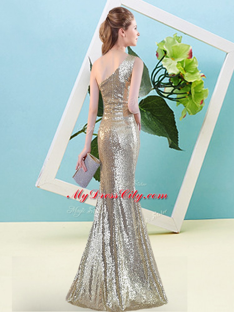 Discount Champagne Homecoming Dress Prom and Party with Sequins One Shoulder Sleeveless Zipper