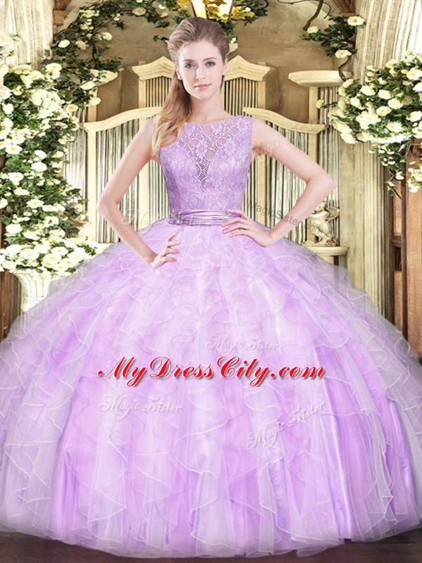 Lilac Organza Backless Ball Gown Prom Dress Sleeveless Floor Length Lace and Ruffles