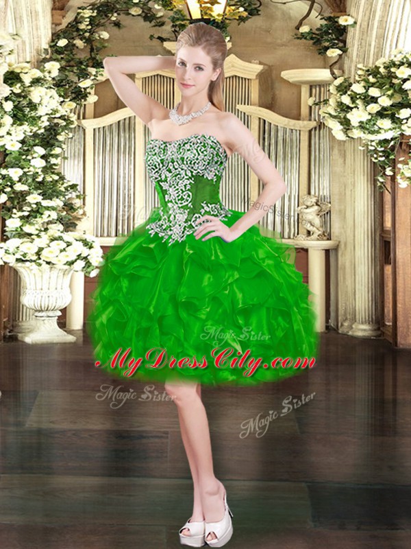 Adorable Green Sweetheart Lace Up Beading and Ruffles Homecoming Dress Sleeveless