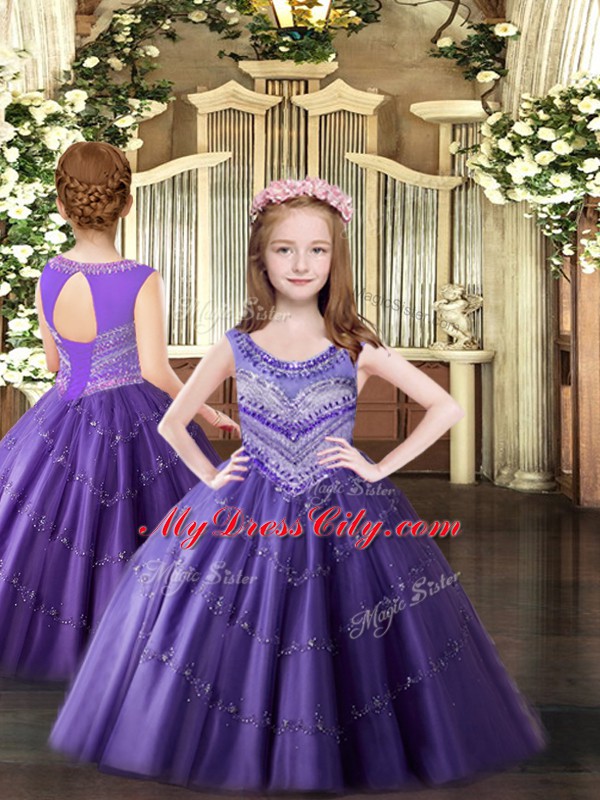 Lavender Tulle Lace Up Little Girl Pageant Gowns Sleeveless Floor Length Beading