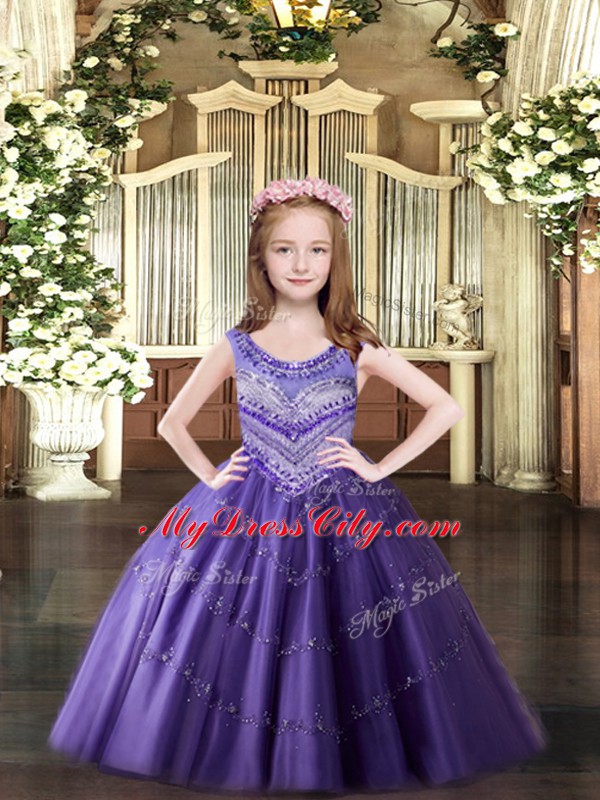 Lavender Tulle Lace Up Little Girl Pageant Gowns Sleeveless Floor Length Beading