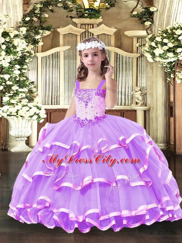 Organza Straps Sleeveless Lace Up Beading and Ruffled Layers Custom Made Pageant Dress in Lilac