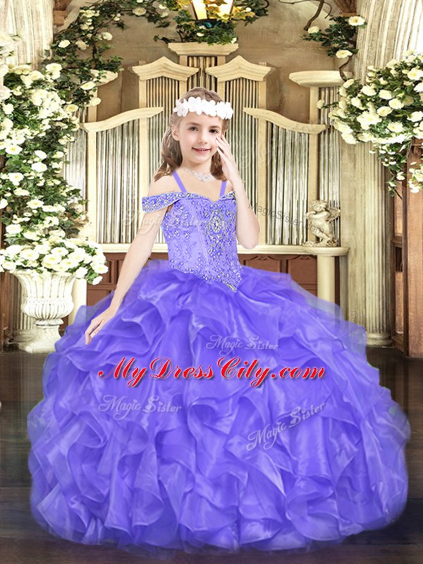 High Class Floor Length Lavender Pageant Dresses Off The Shoulder Sleeveless Lace Up