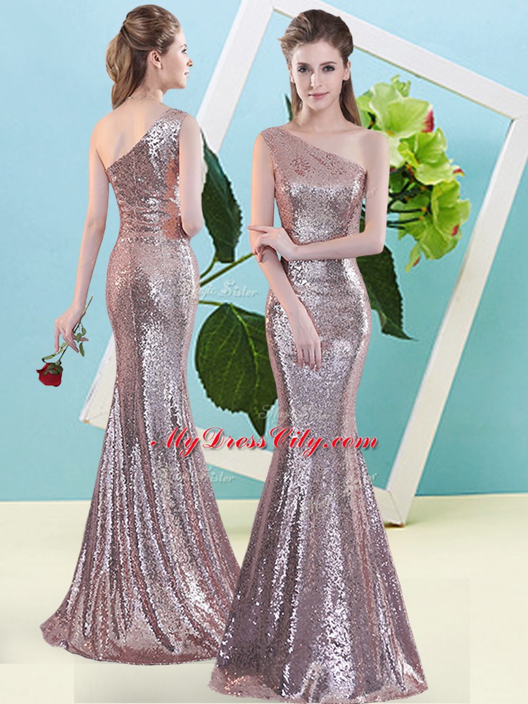 Designer Pink Sequined Zipper One Shoulder Sleeveless Floor Length Prom Party Dress Sequins