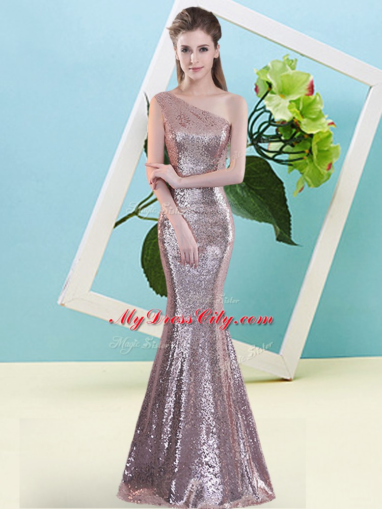 Designer Pink Sequined Zipper One Shoulder Sleeveless Floor Length Prom Party Dress Sequins