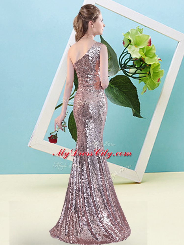 Designer Pink Sequined Zipper One Shoulder Sleeveless Floor Length Prom Party Dress Sequins