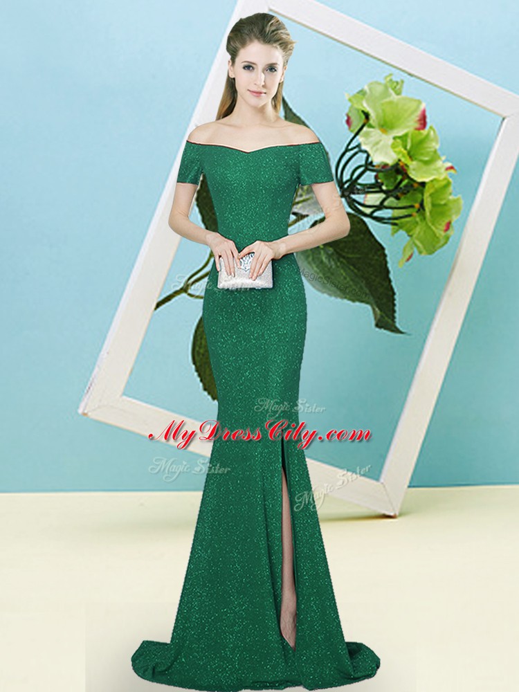 Romantic Dark Green Sequined Zipper Off The Shoulder Short Sleeves Prom Evening Gown Sweep Train Sequins